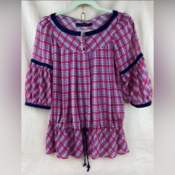 ZARA sz L peasant style top blue ribbon trim gathered sleeves drawstring waist - Picture 1 of 9